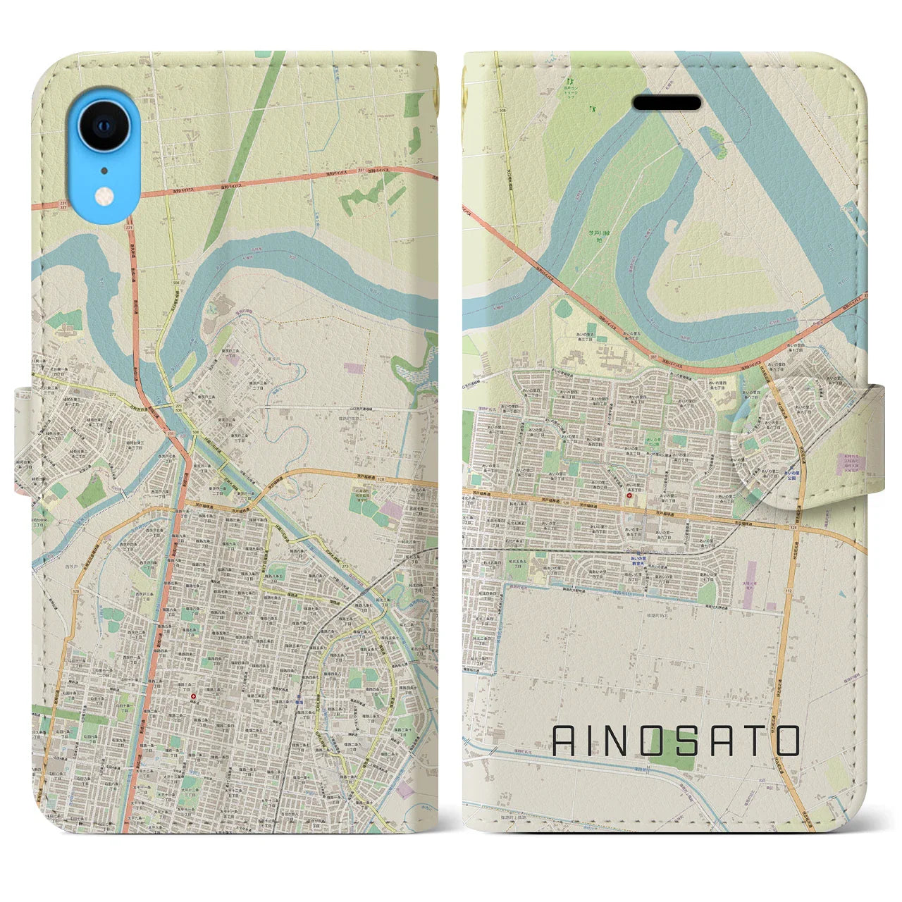 【あいの里(北海道)】地図柄iPhoneケース(手帳タイプ)ナチュラル・iPhone XR 用
