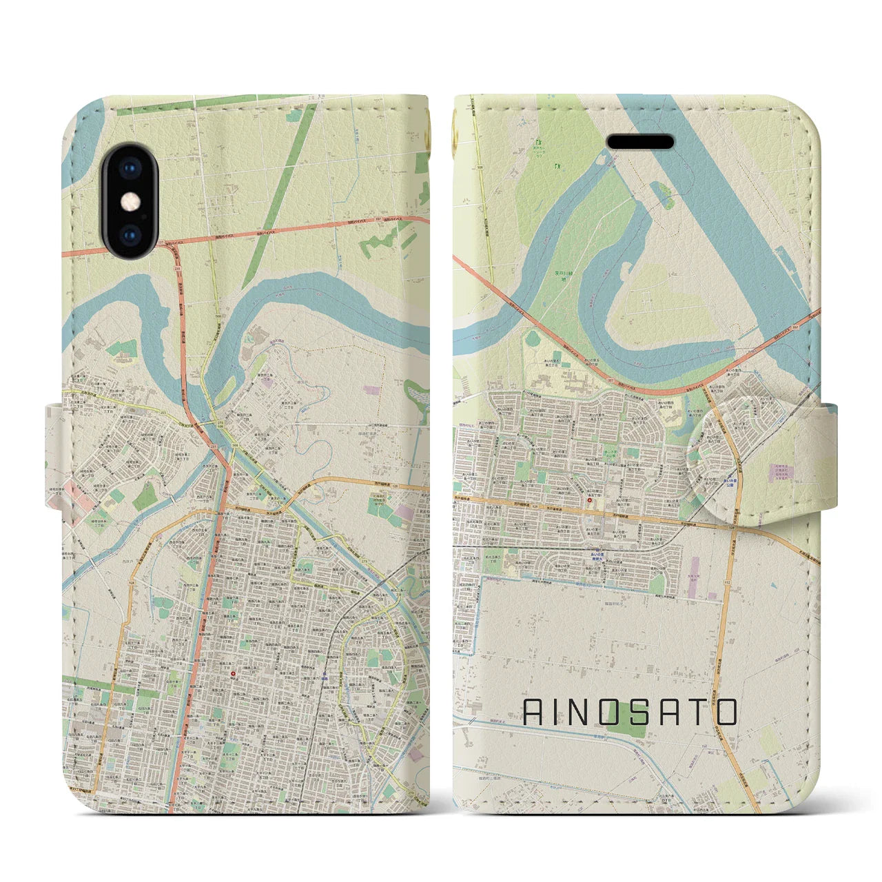 【あいの里(北海道)】地図柄iPhoneケース(手帳タイプ)ナチュラル・iPhone XS / X 用