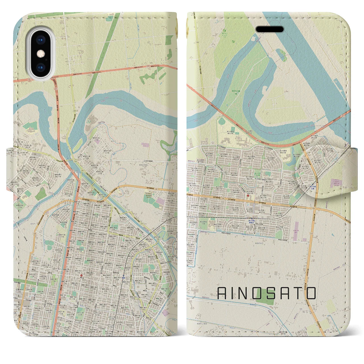 【あいの里(北海道)】地図柄iPhoneケース(手帳タイプ)ナチュラル・iPhone XS Max 用