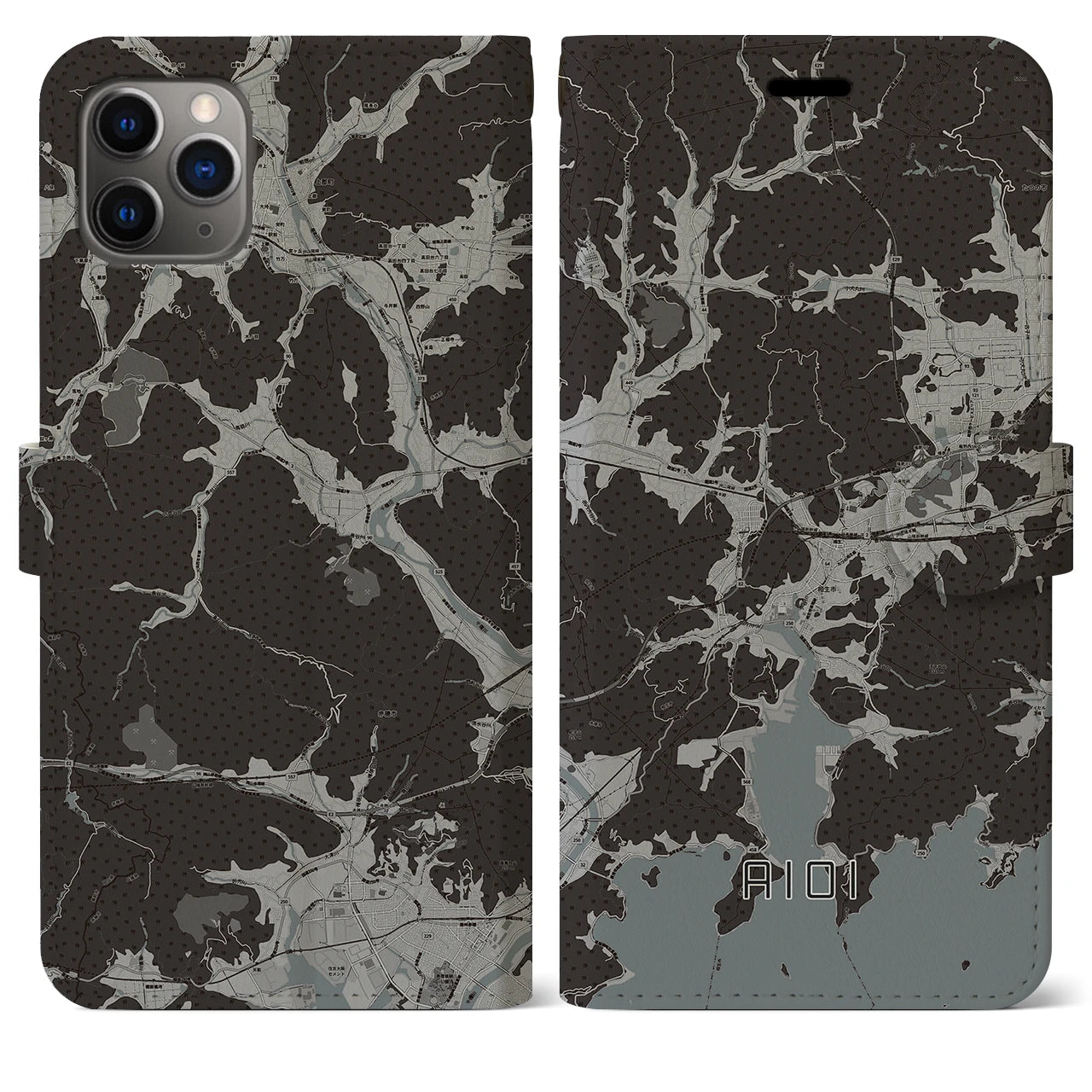 【相生(兵庫県)】地図柄iPhoneケース(手帳タイプ)モノトーン・iPhone 11 Pro Max 用