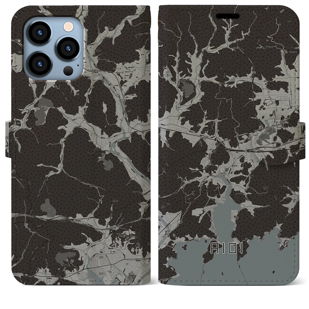 【相生(兵庫県)】地図柄iPhoneケース(手帳タイプ)モノトーン・iPhone 13 Pro Max 用