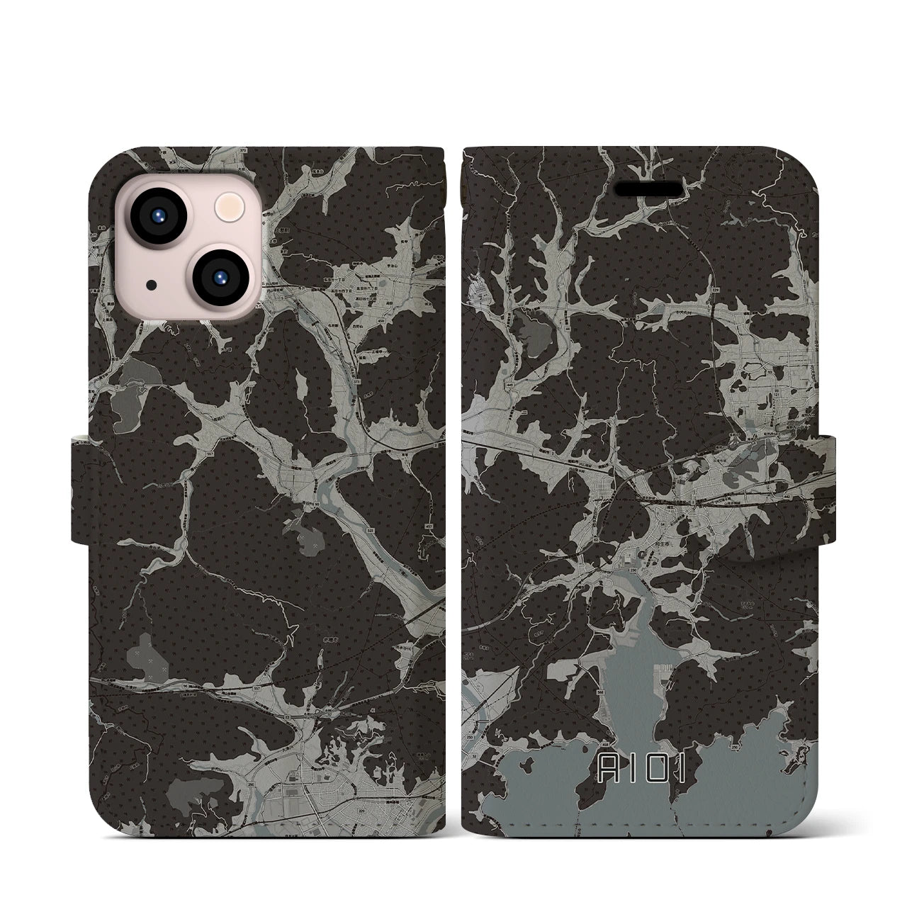 【相生(兵庫県)】地図柄iPhoneケース(手帳タイプ)モノトーン・iPhone 13 mini 用