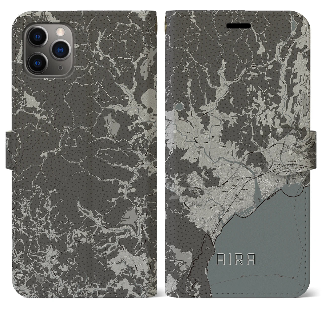 【姶良(鹿児島県)】地図柄iPhoneケース(手帳タイプ)モノトーン・iPhone 11 Pro Max 用