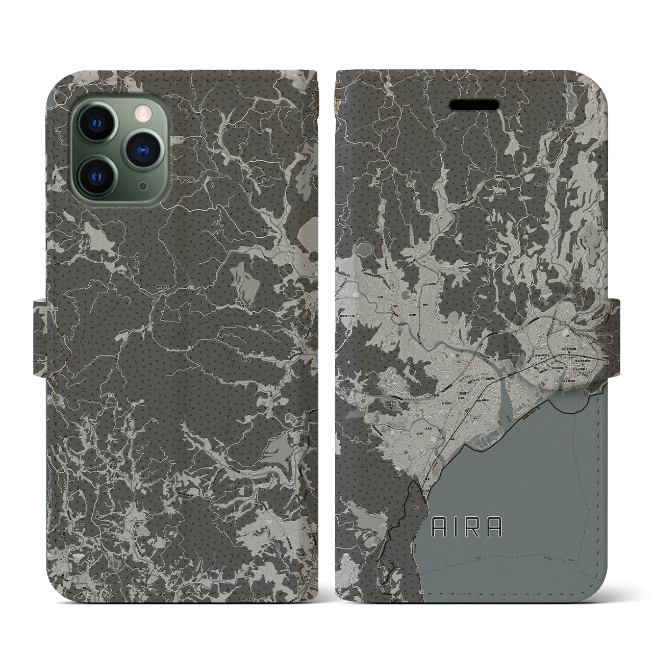 【姶良(鹿児島県)】地図柄iPhoneケース(手帳タイプ)モノトーン・iPhone 11 Pro 用