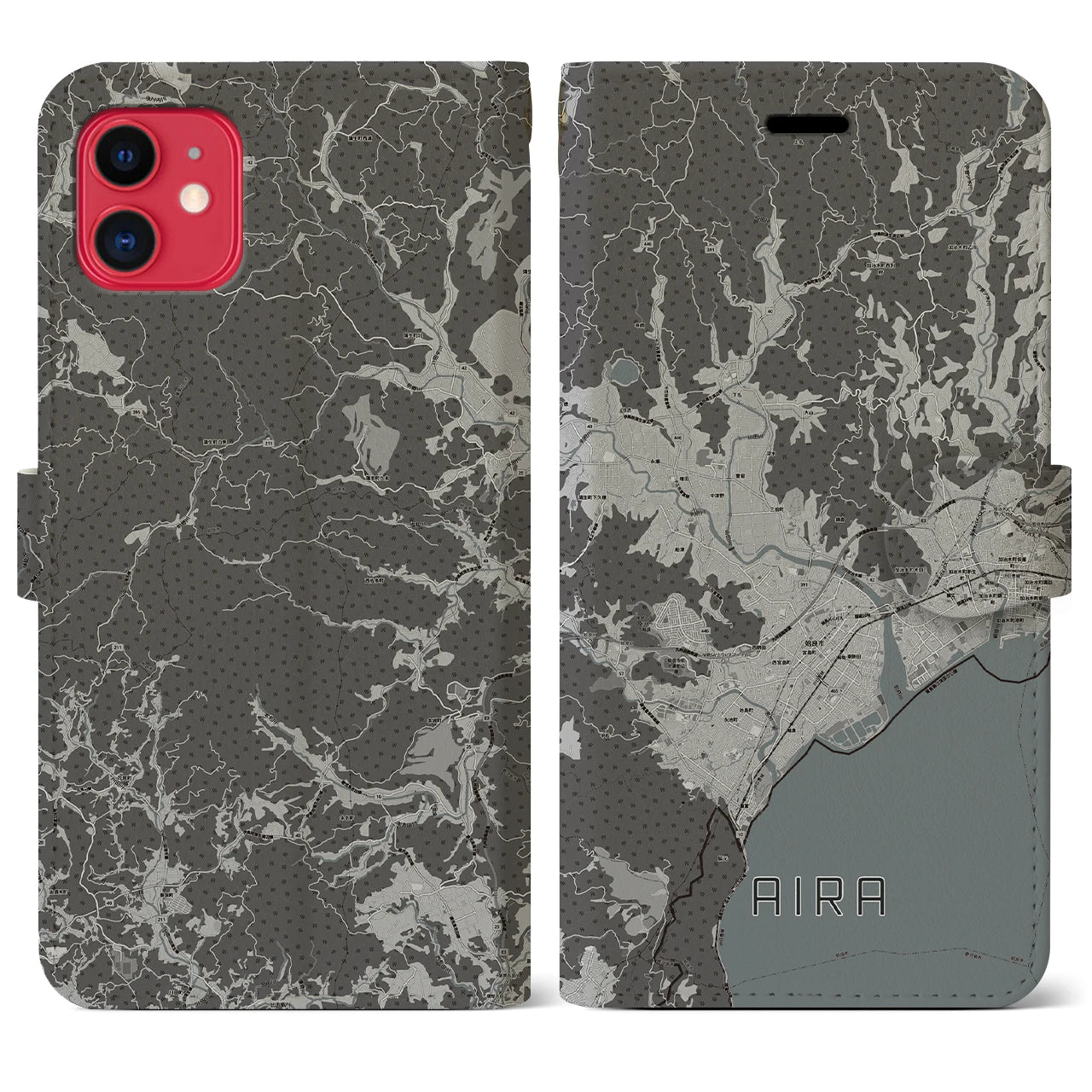 【姶良(鹿児島県)】地図柄iPhoneケース(手帳タイプ)モノトーン・iPhone 11 用
