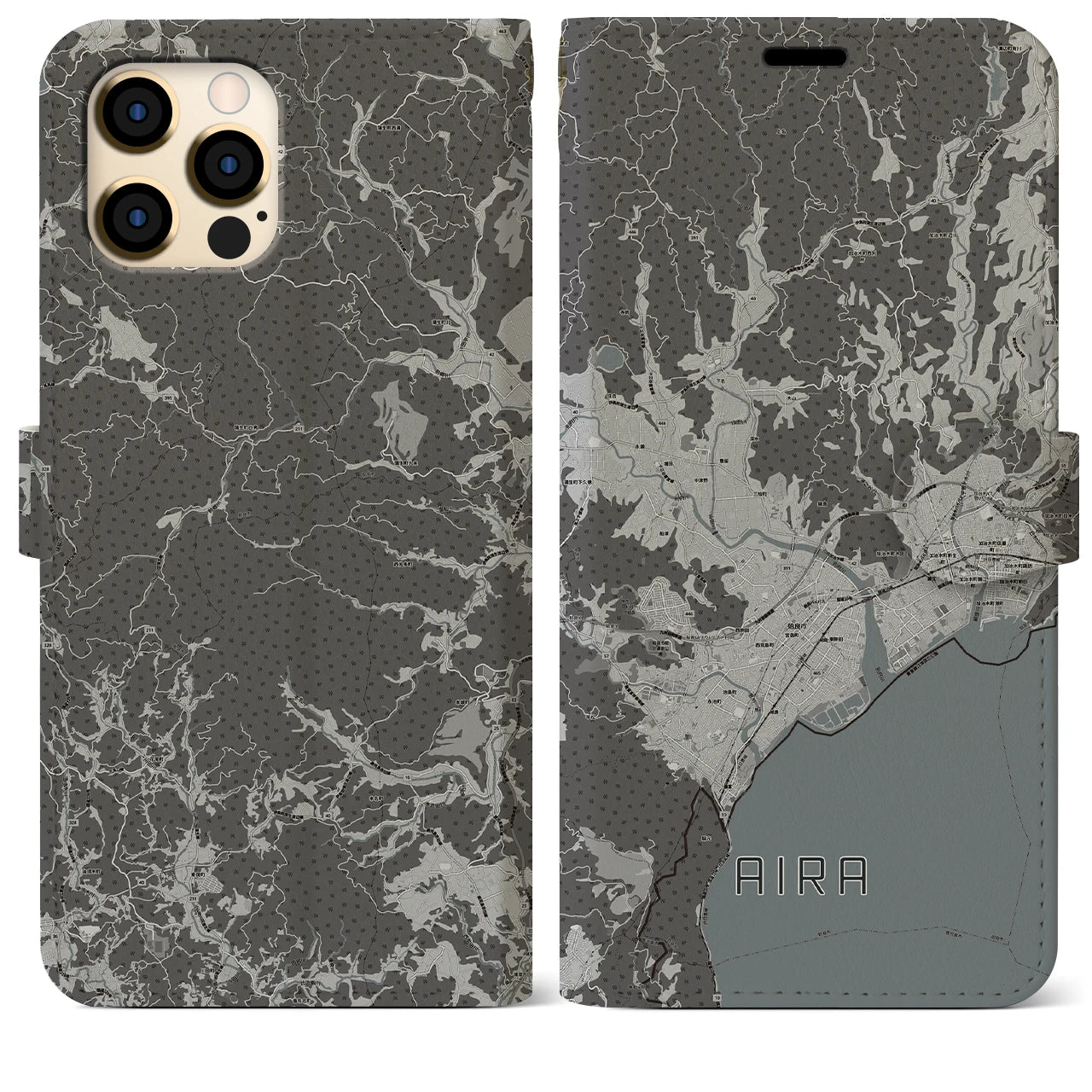 【姶良(鹿児島県)】地図柄iPhoneケース(手帳タイプ)モノトーン・iPhone 12 Pro Max 用
