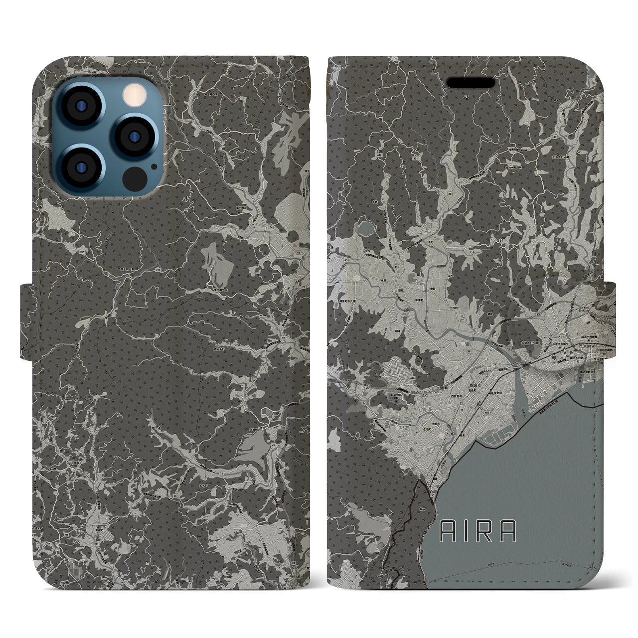 【姶良(鹿児島県)】地図柄iPhoneケース(手帳タイプ)モノトーン・iPhone 12 / 12 Pro 用