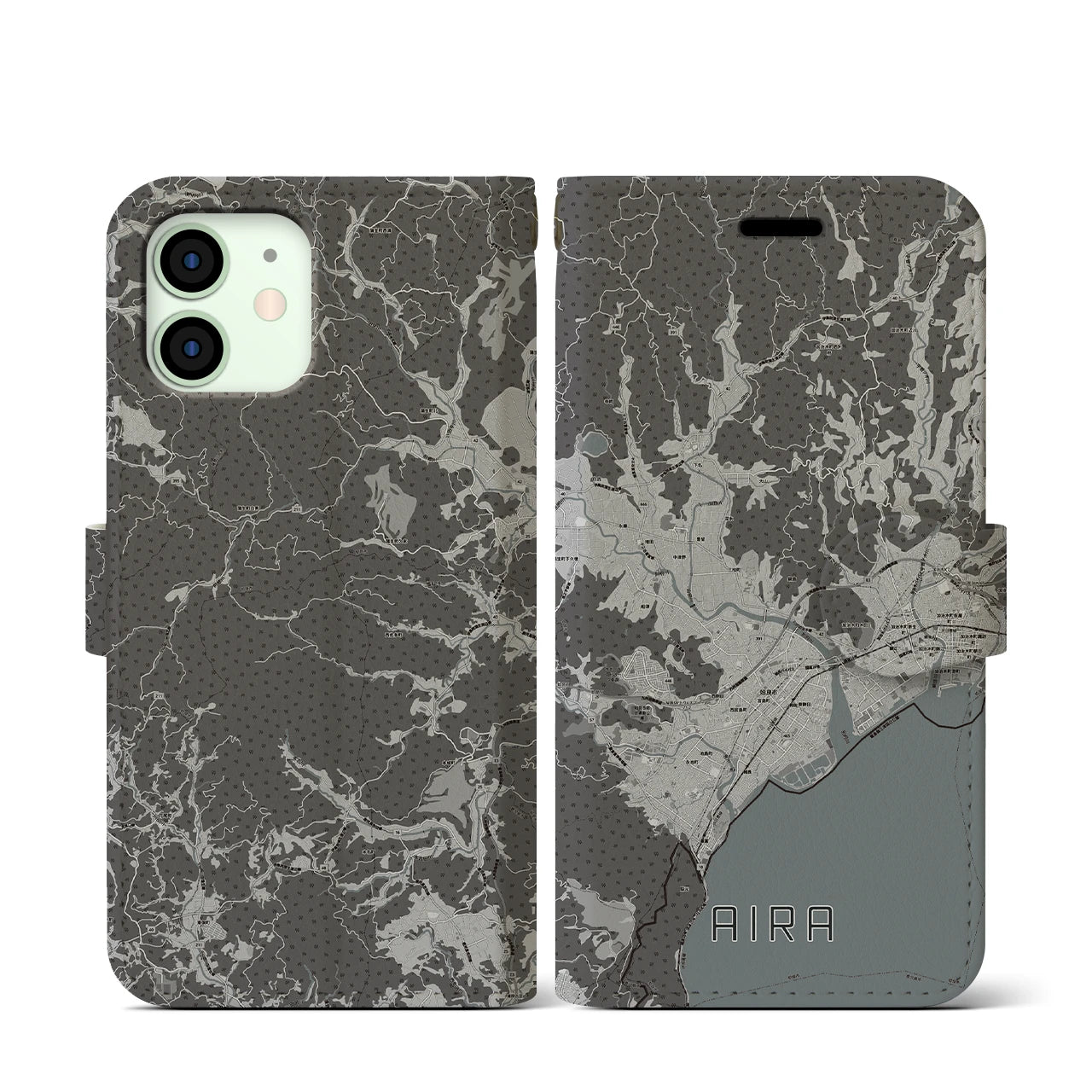 【姶良(鹿児島県)】地図柄iPhoneケース(手帳タイプ)モノトーン・iPhone 12 mini 用