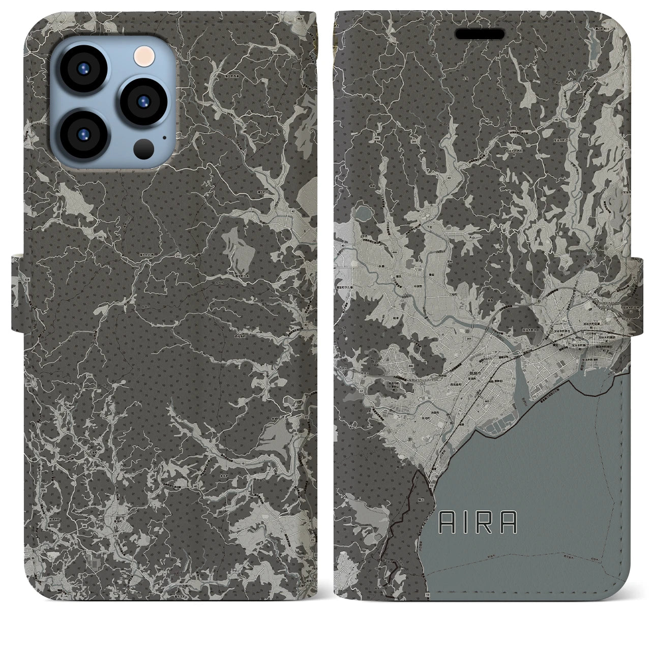 【姶良(鹿児島県)】地図柄iPhoneケース(手帳タイプ)モノトーン・iPhone 13 Pro Max 用