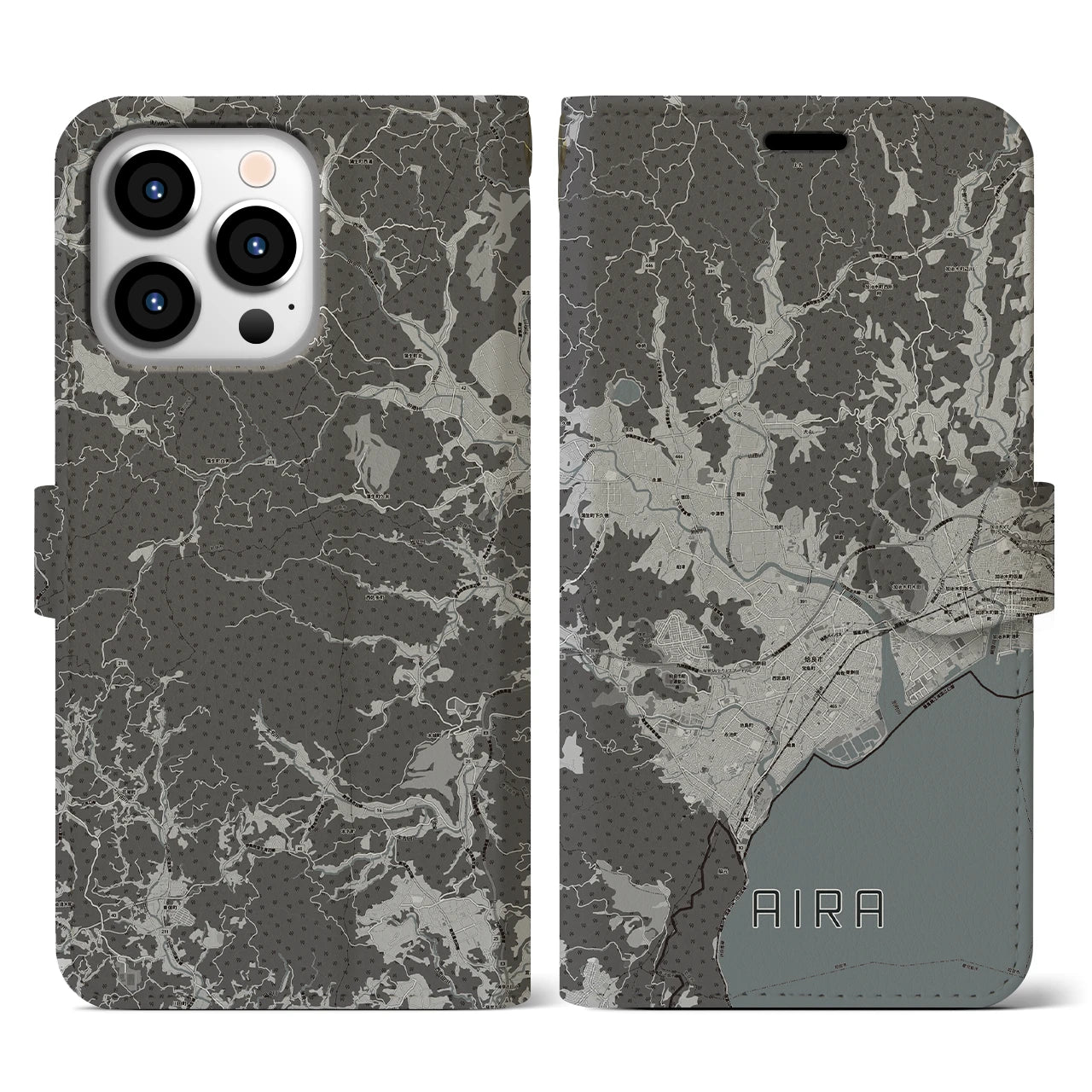 【姶良(鹿児島県)】地図柄iPhoneケース(手帳タイプ)モノトーン・iPhone 13 Pro 用