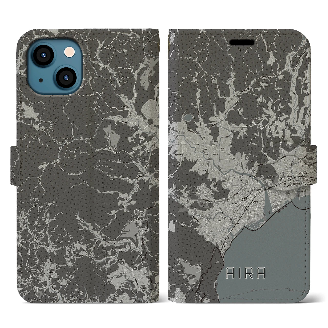 【姶良(鹿児島県)】地図柄iPhoneケース(手帳タイプ)モノトーン・iPhone 13 用