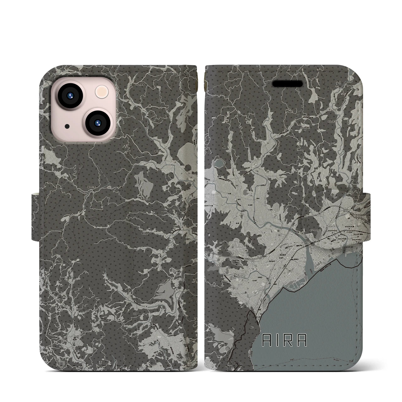 【姶良(鹿児島県)】地図柄iPhoneケース(手帳タイプ)モノトーン・iPhone 13 mini 用