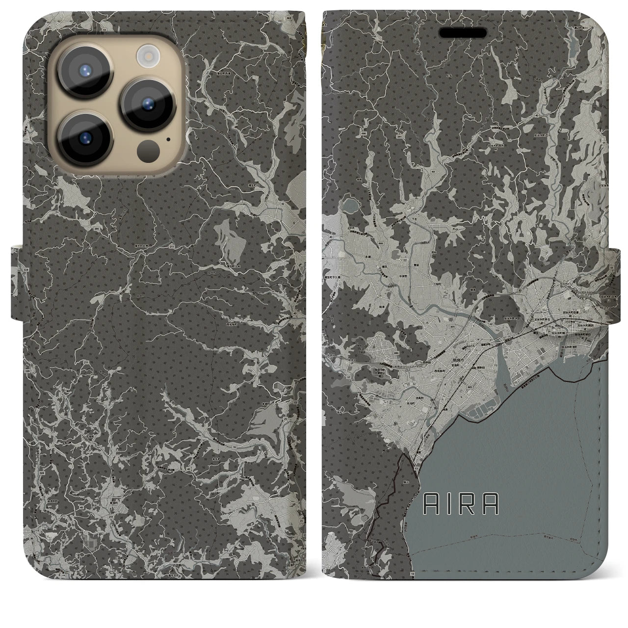 【姶良(鹿児島県)】地図柄iPhoneケース(手帳タイプ)モノトーン・iPhone 14 Pro Max 用