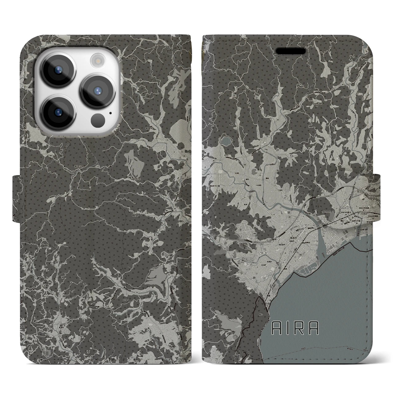 【姶良(鹿児島県)】地図柄iPhoneケース(手帳タイプ)モノトーン・iPhone 14 Pro 用