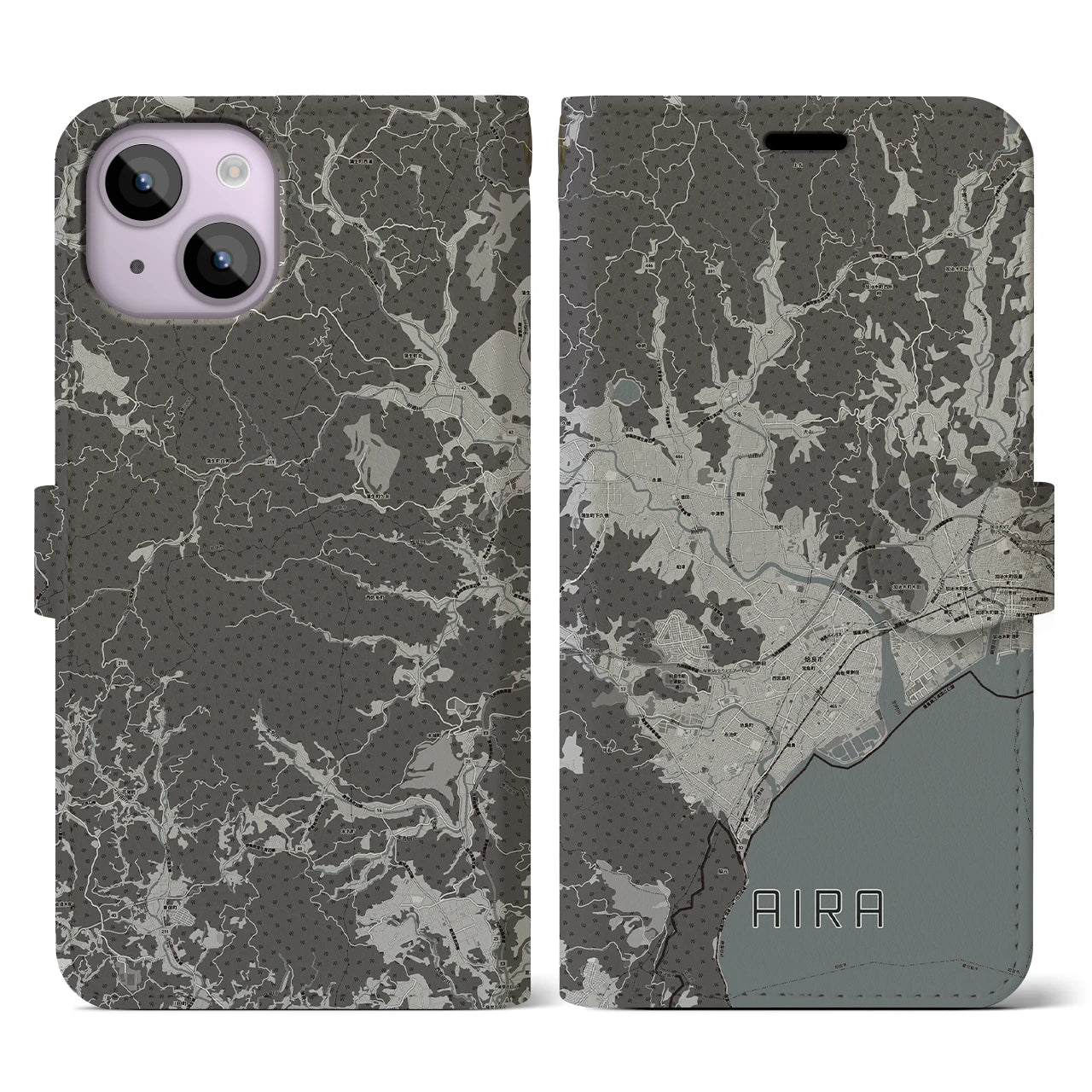 【姶良(鹿児島県)】地図柄iPhoneケース(手帳タイプ)モノトーン・iPhone 14 用