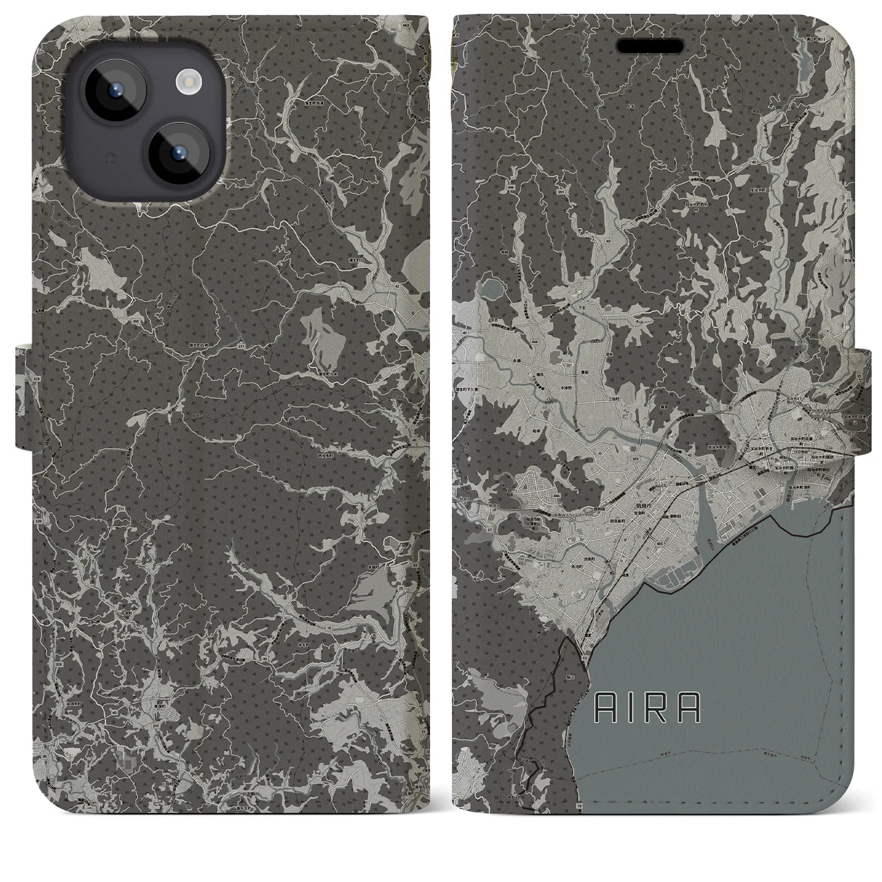 【姶良(鹿児島県)】地図柄iPhoneケース(手帳タイプ)モノトーン・iPhone 14 Plus 用