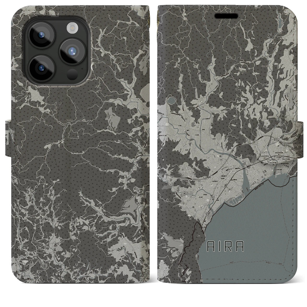 【姶良(鹿児島県)】地図柄iPhoneケース(手帳タイプ)モノトーン・iPhone 15 Pro Max 用