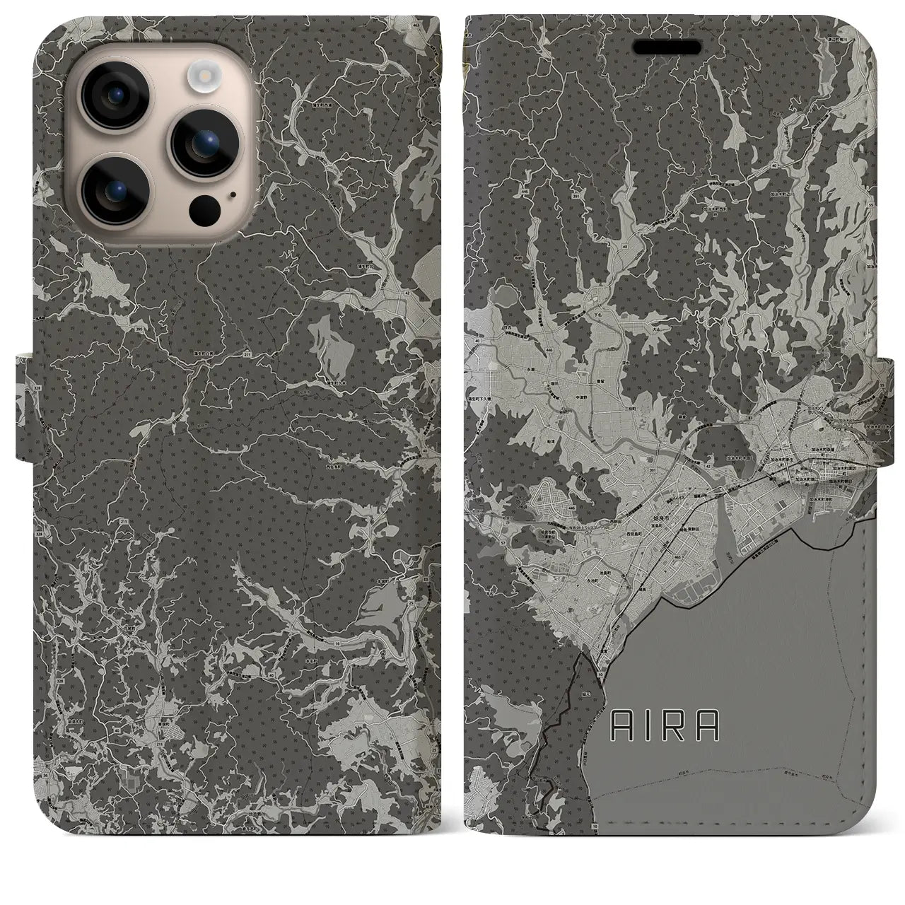 【姶良(鹿児島県)】地図柄iPhoneケース(手帳タイプ)モノトーン・iPhone 16 Plus 用
