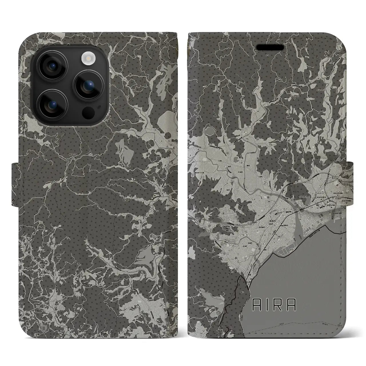 【姶良(鹿児島県)】地図柄iPhoneケース(手帳タイプ)モノトーン・iPhone 16 用