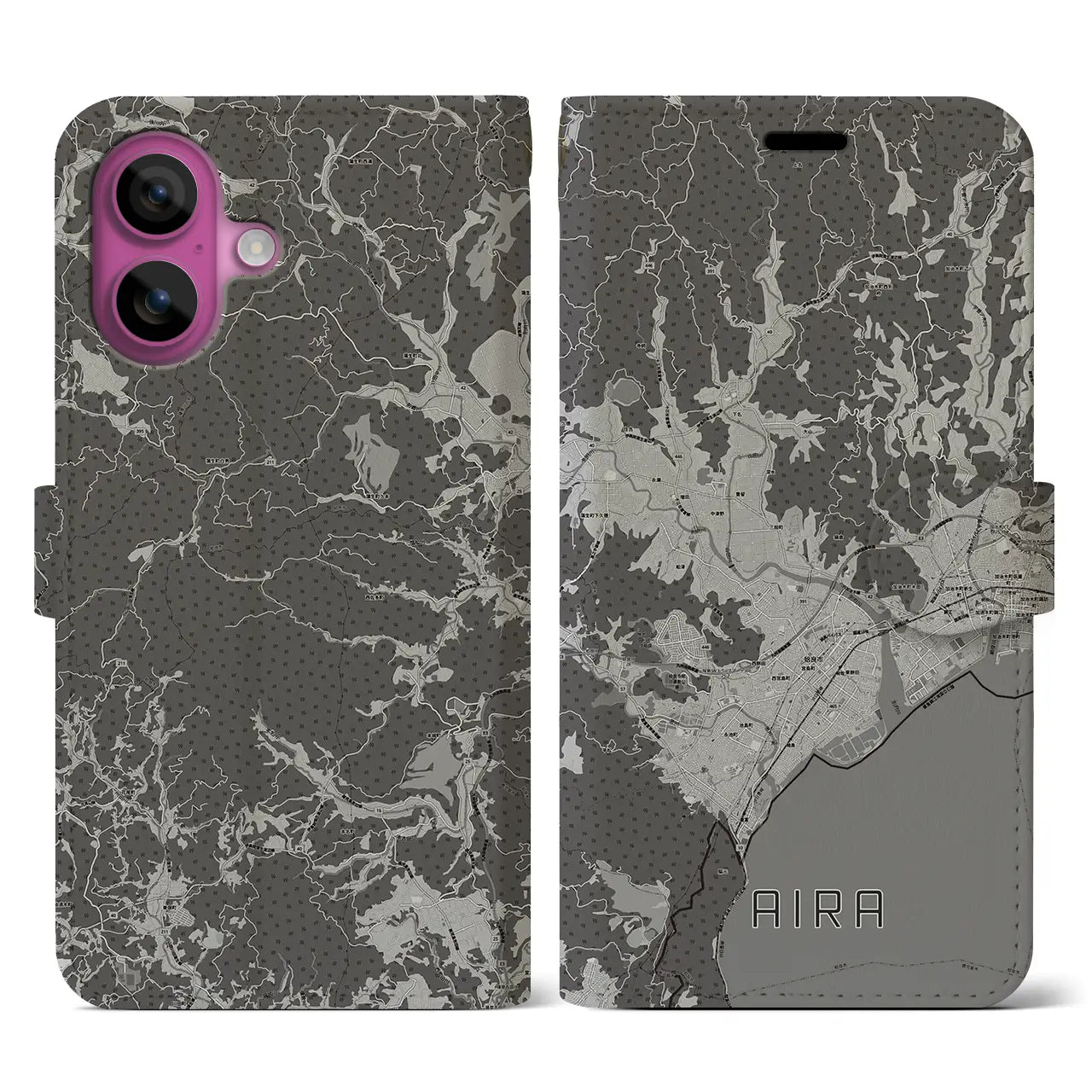 【姶良(鹿児島県)】地図柄iPhoneケース(手帳タイプ)モノトーン・iPhone 16 Pro 用
