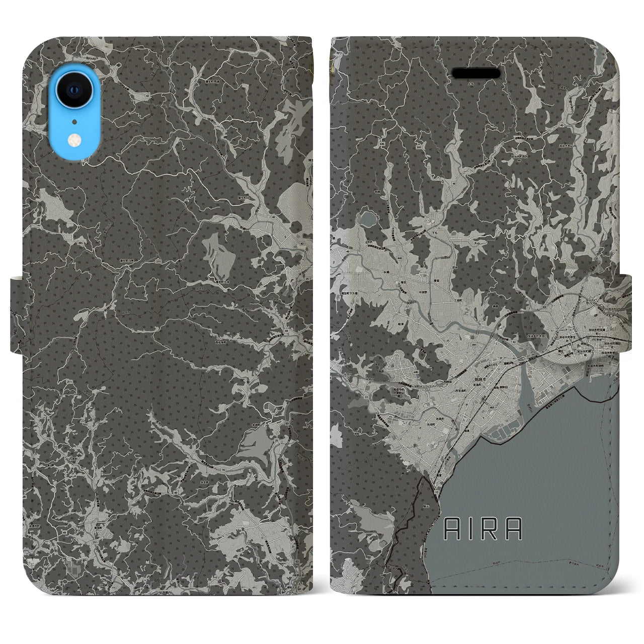 【姶良(鹿児島県)】地図柄iPhoneケース(手帳タイプ)モノトーン・iPhone XR 用