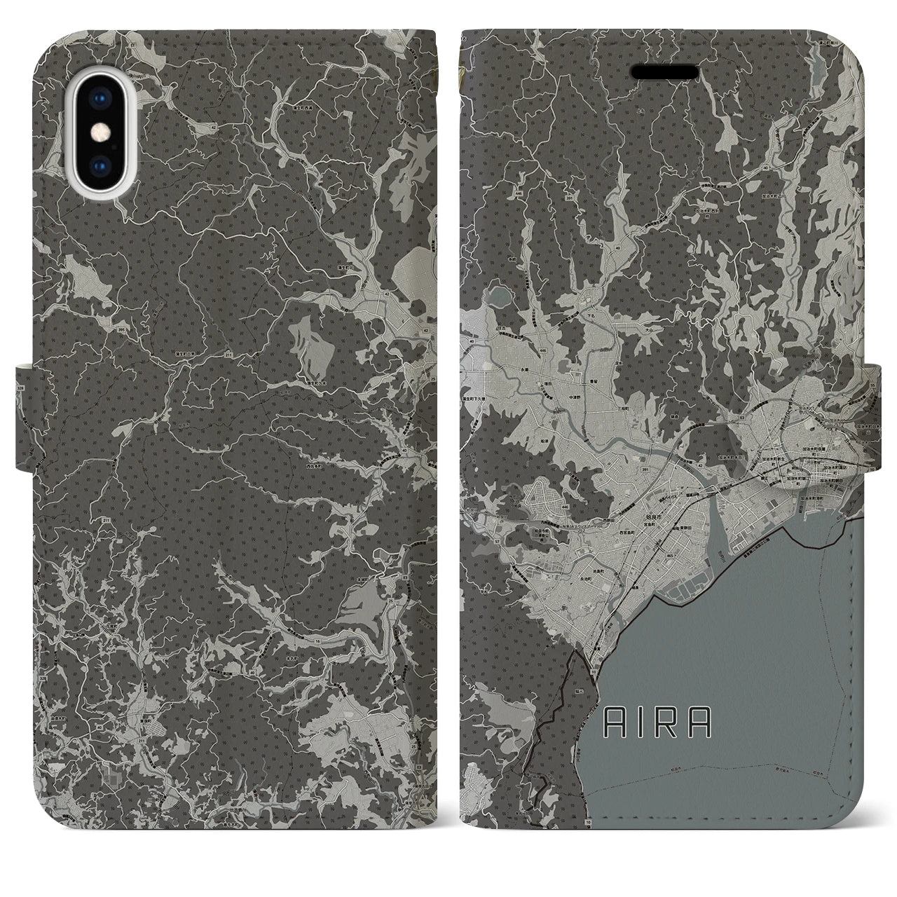 【姶良(鹿児島県)】地図柄iPhoneケース(手帳タイプ)モノトーン・iPhone XS Max 用