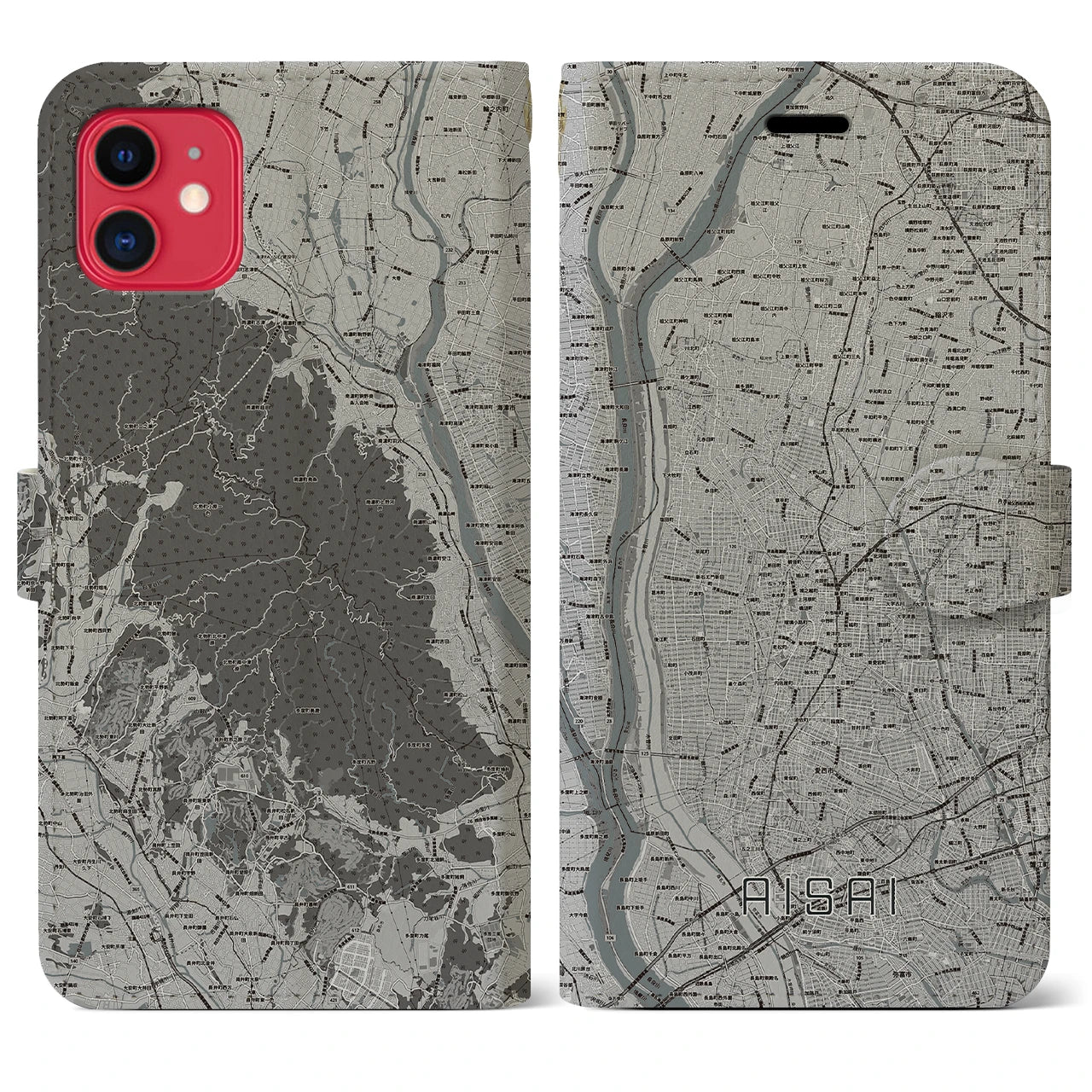 【愛西(愛知県)】地図柄iPhoneケース(手帳タイプ)モノトーン・iPhone 11 用