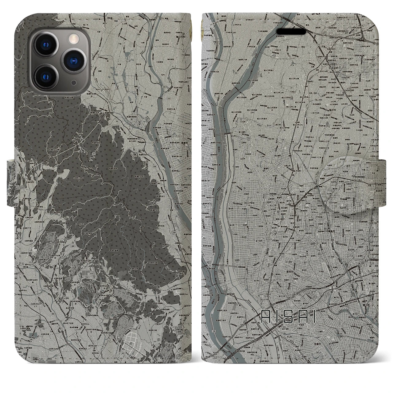 【愛西(愛知県)】地図柄iPhoneケース(手帳タイプ)モノトーン・iPhone 11 Pro Max 用