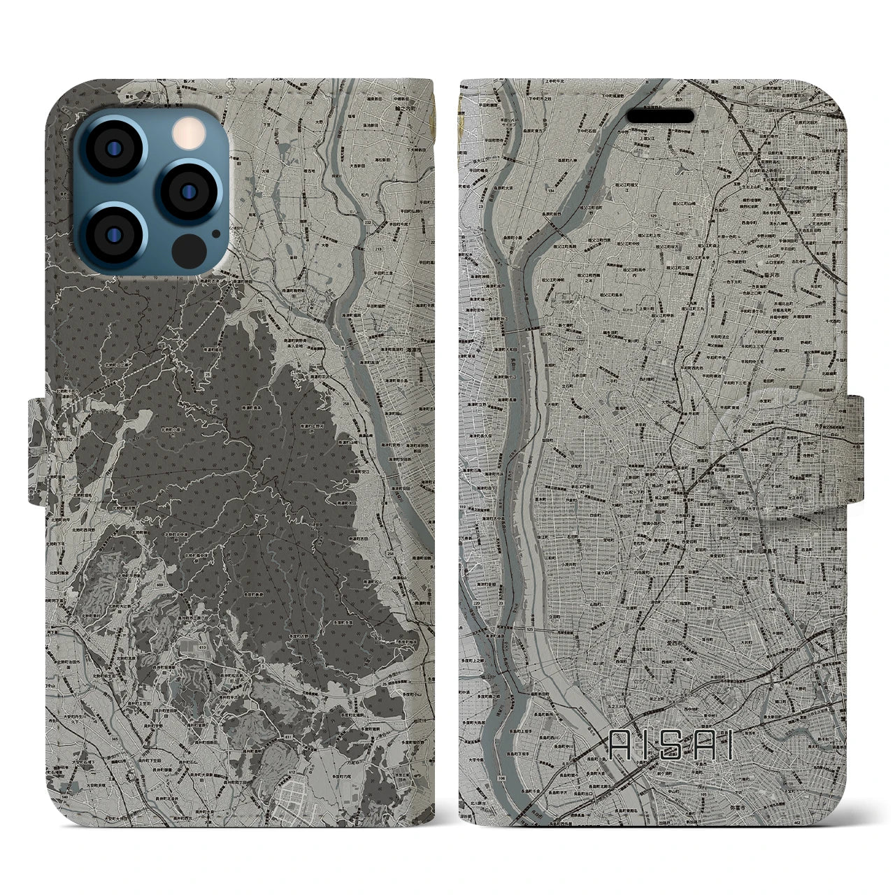 【愛西(愛知県)】地図柄iPhoneケース(手帳タイプ)モノトーン・iPhone 12 / 12 Pro 用