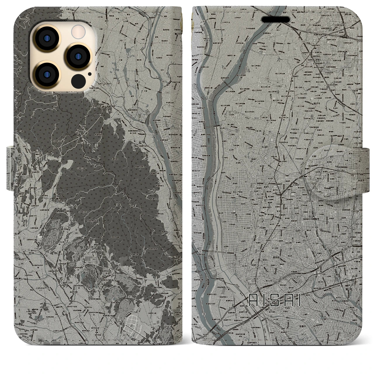 【愛西(愛知県)】地図柄iPhoneケース(手帳タイプ)モノトーン・iPhone 12 Pro Max 用