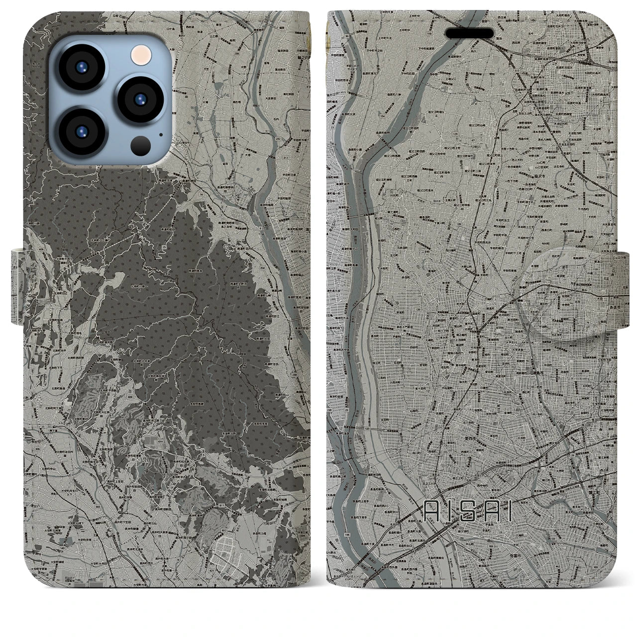 【愛西(愛知県)】地図柄iPhoneケース(手帳タイプ)モノトーン・iPhone 13 Pro Max 用