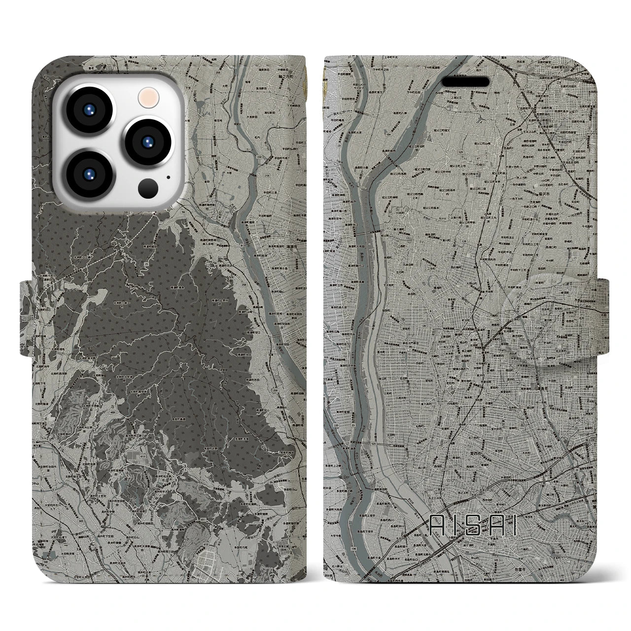 【愛西(愛知県)】地図柄iPhoneケース(手帳タイプ)モノトーン・iPhone 13 Pro 用