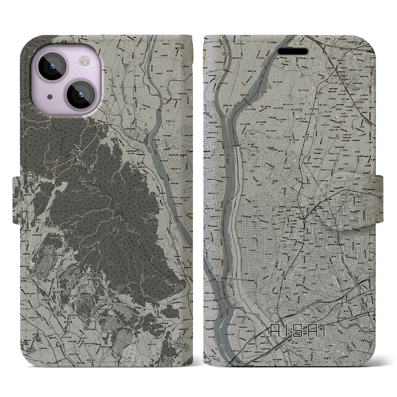 【愛西(愛知県)】地図柄iPhoneケース(手帳タイプ)モノトーン・iPhone 14 用