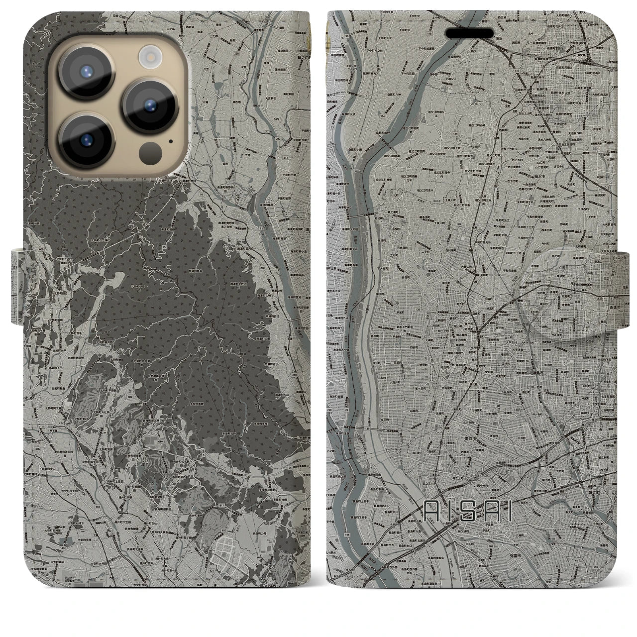 【愛西(愛知県)】地図柄iPhoneケース(手帳タイプ)モノトーン・iPhone 14 Pro Max 用