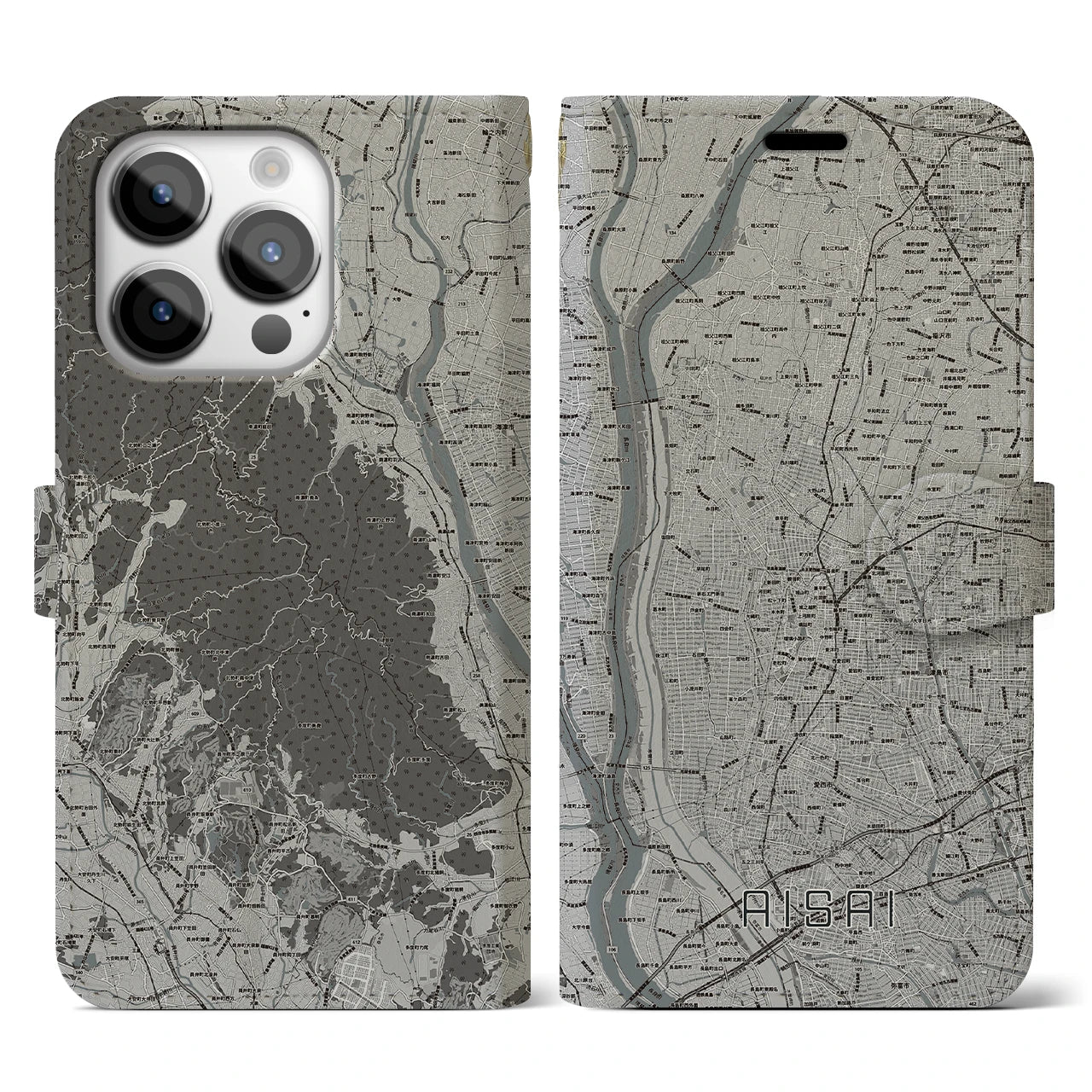 【愛西(愛知県)】地図柄iPhoneケース(手帳タイプ)モノトーン・iPhone 14 Pro 用