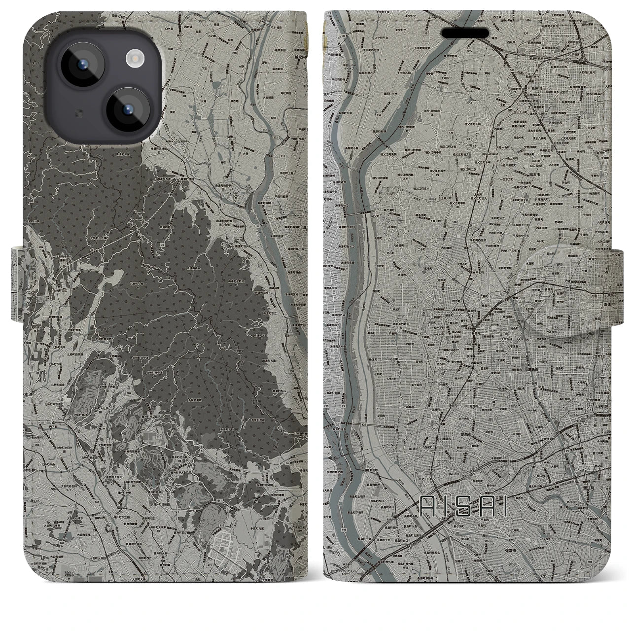 【愛西(愛知県)】地図柄iPhoneケース(手帳タイプ)モノトーン・iPhone 14 Plus 用