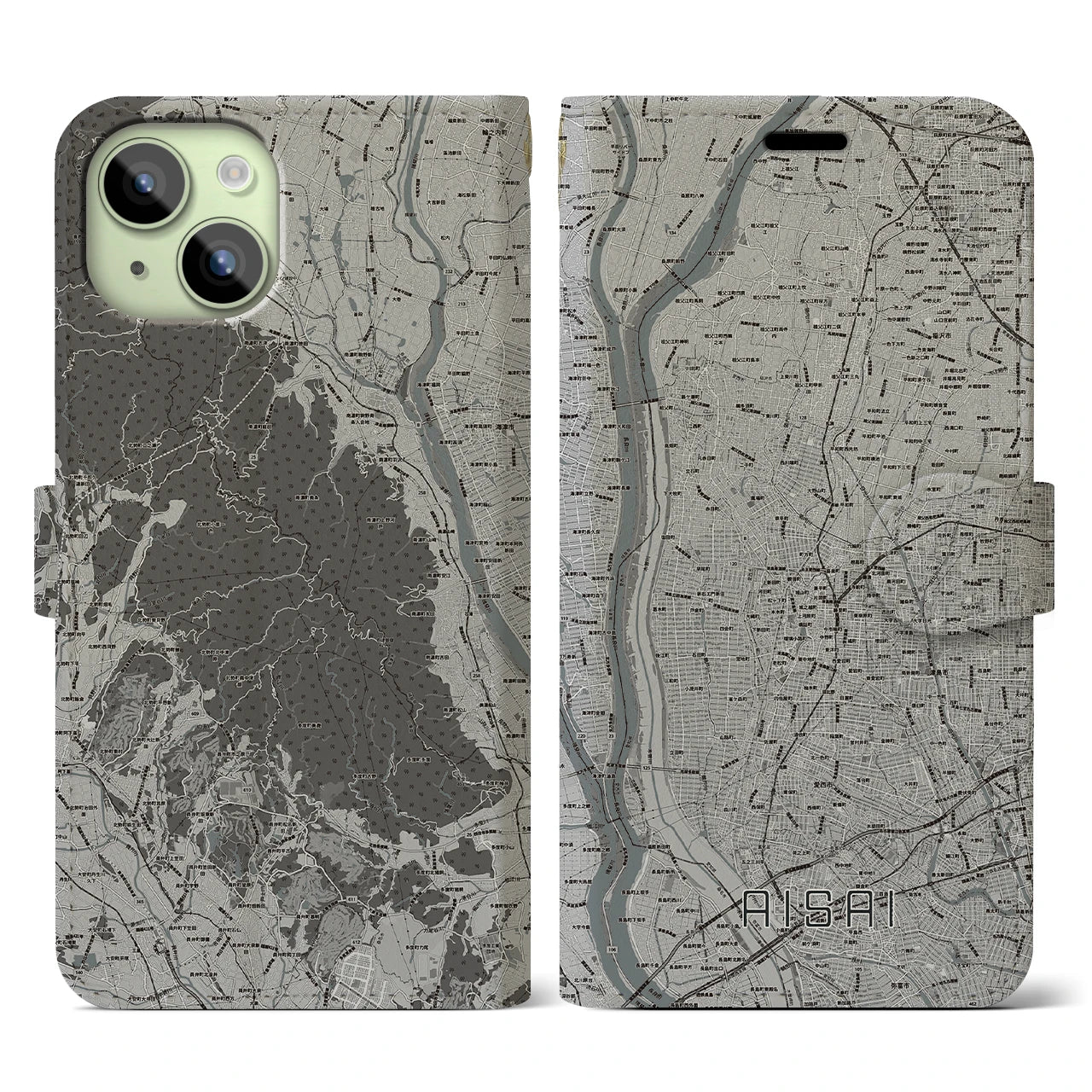 【愛西(愛知県)】地図柄iPhoneケース(手帳タイプ)モノトーン・iPhone 15 用