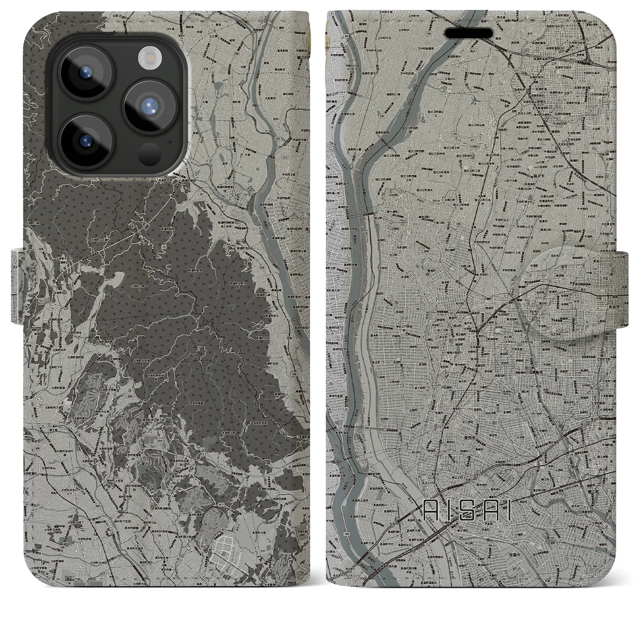 【愛西(愛知県)】地図柄iPhoneケース(手帳タイプ)モノトーン・iPhone 15 Pro Max 用