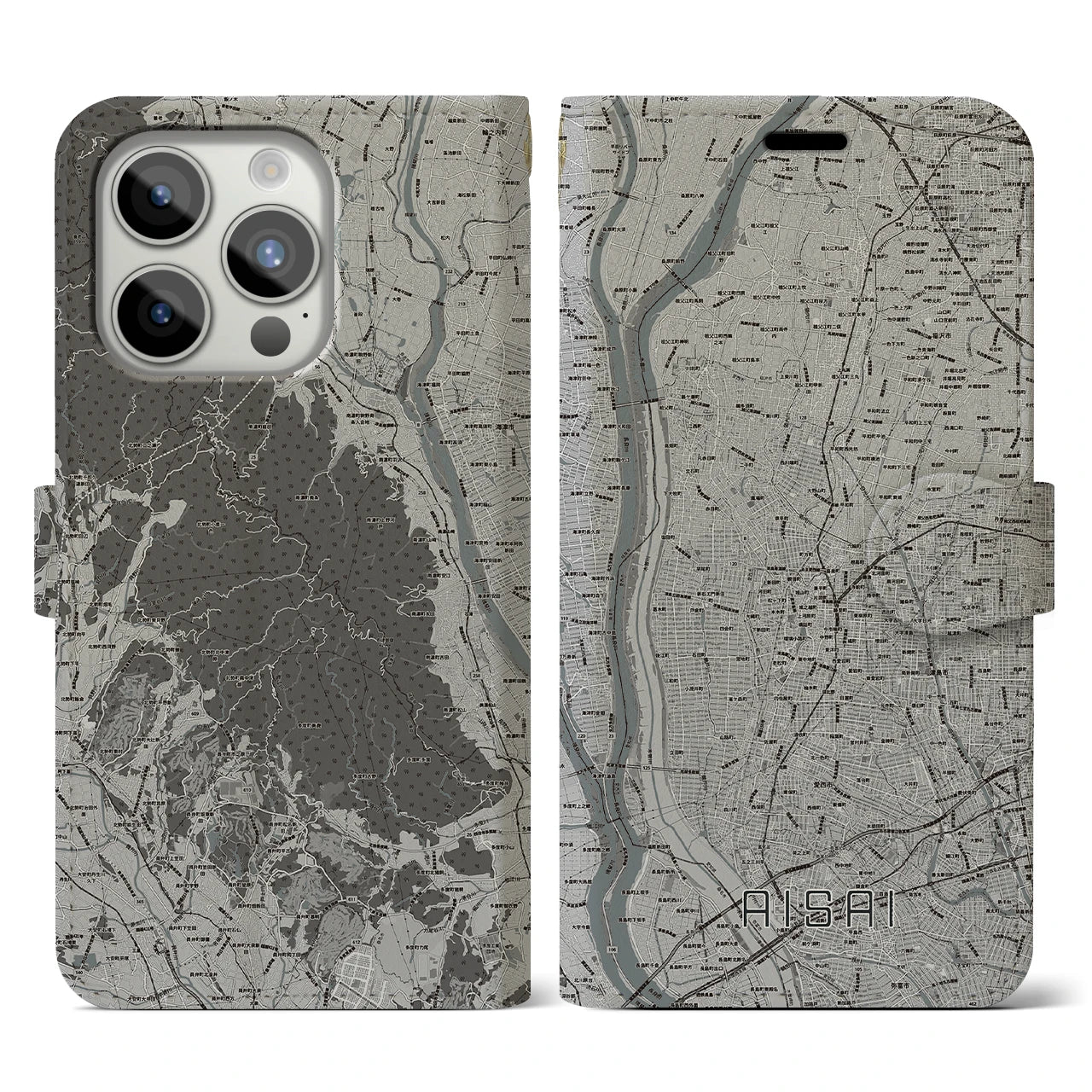 【愛西(愛知県)】地図柄iPhoneケース(手帳タイプ)モノトーン・iPhone 15 Pro 用