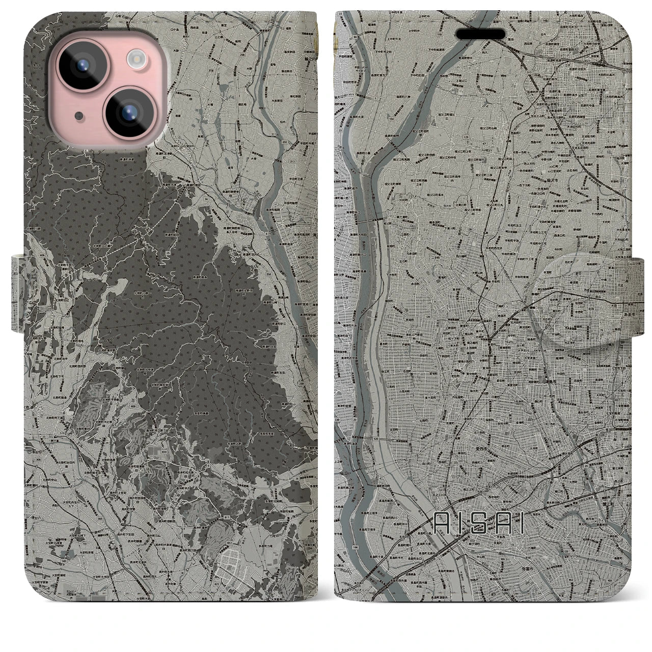 【愛西(愛知県)】地図柄iPhoneケース(手帳タイプ)モノトーン・iPhone 15 Plus 用