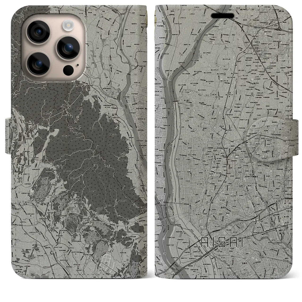 【愛西(愛知県)】地図柄iPhoneケース(手帳タイプ)モノトーン・iPhone 16 Plus 用