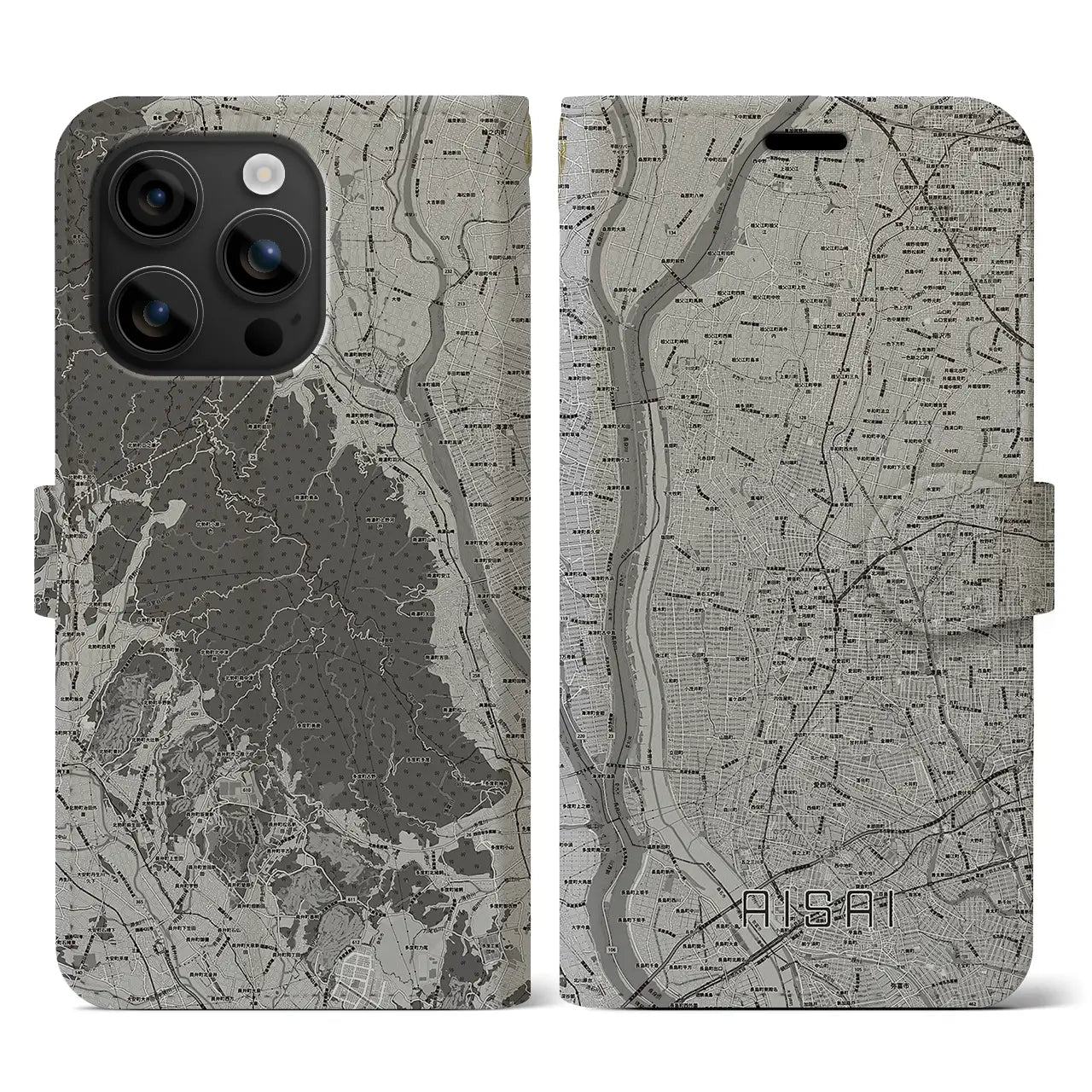 【愛西(愛知県)】地図柄iPhoneケース(手帳タイプ)モノトーン・iPhone 16 用