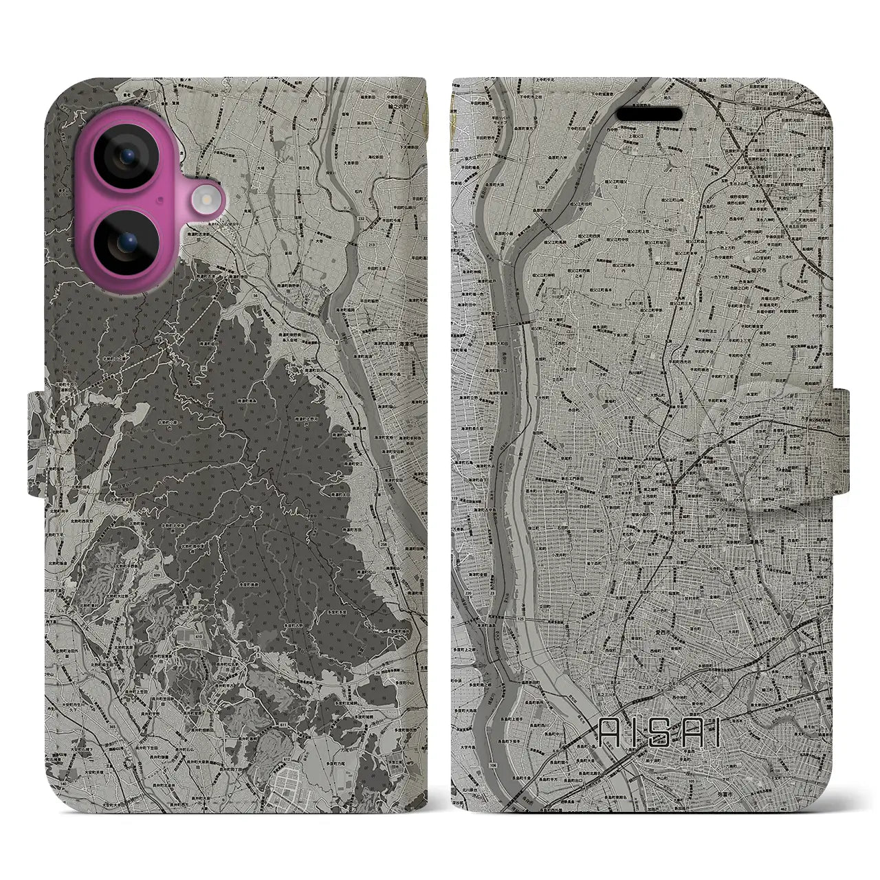 【愛西(愛知県)】地図柄iPhoneケース(手帳タイプ)モノトーン・iPhone 16 Pro 用