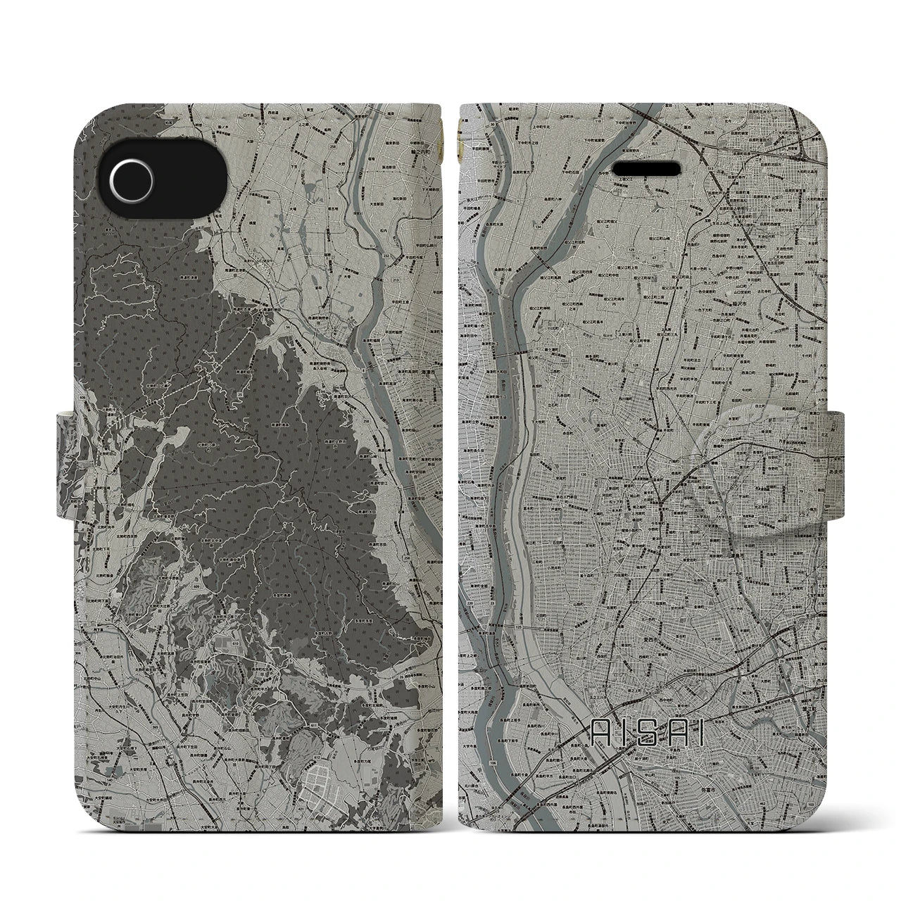 【愛西(愛知県)】地図柄iPhoneケース(手帳タイプ)モノトーン・iPhone SE(第3 / 第2世代) / 8 / 7 / 6s / 6 用