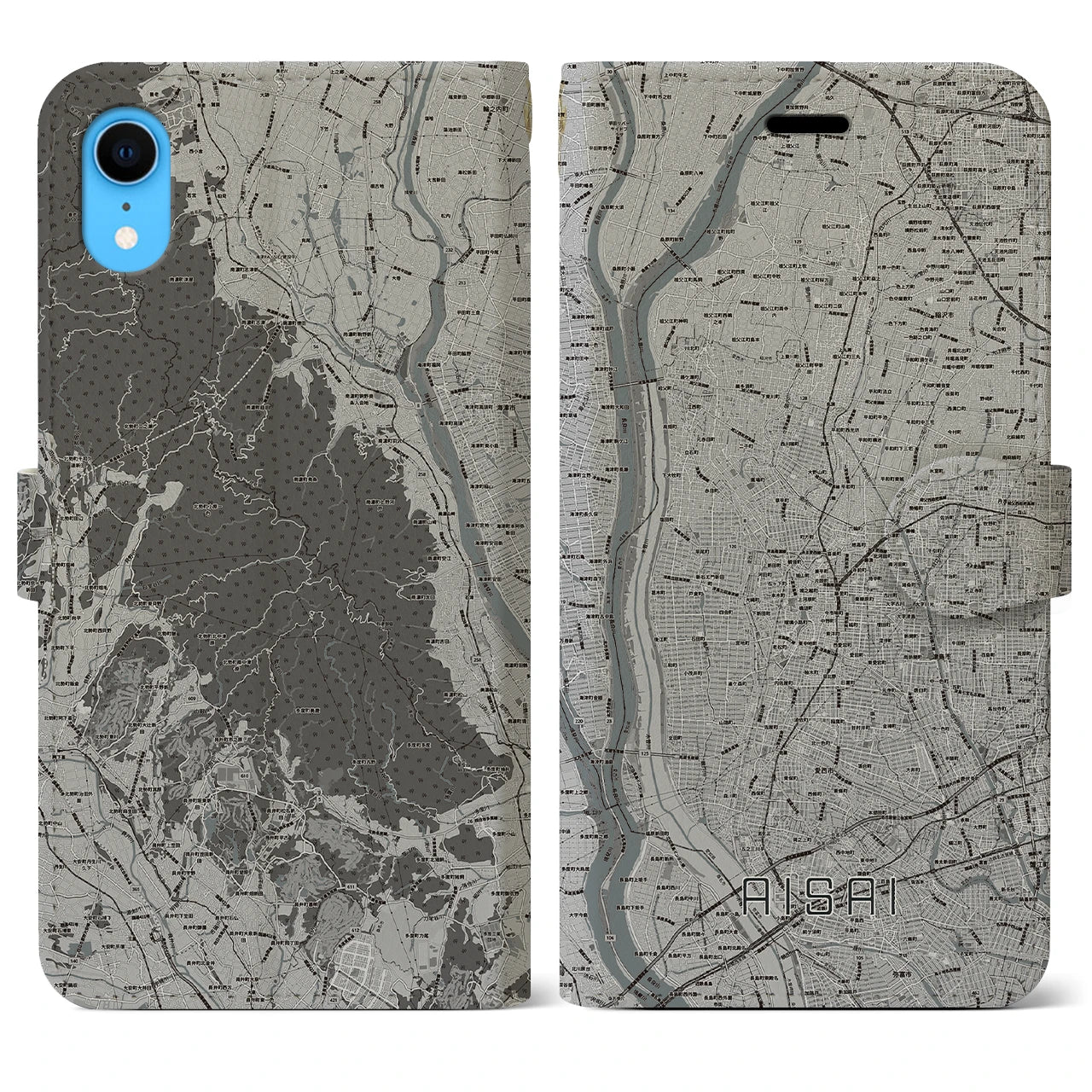 【愛西(愛知県)】地図柄iPhoneケース(手帳タイプ)モノトーン・iPhone XR 用
