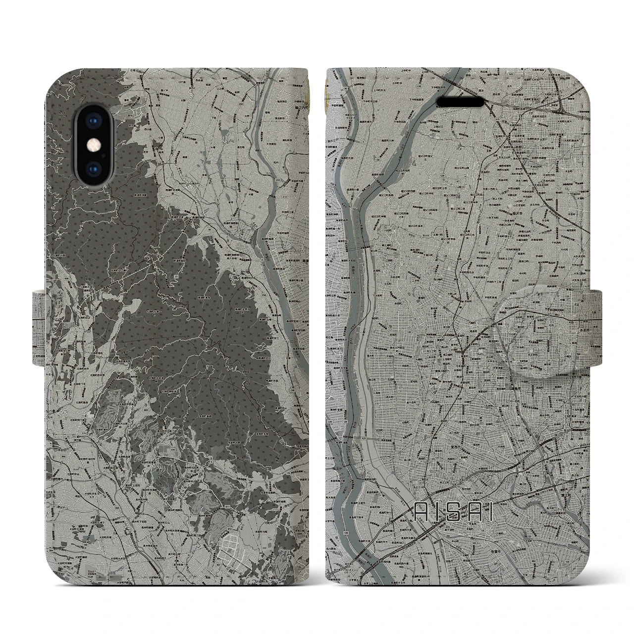 【愛西(愛知県)】地図柄iPhoneケース(手帳タイプ)モノトーン・iPhone XS / X 用