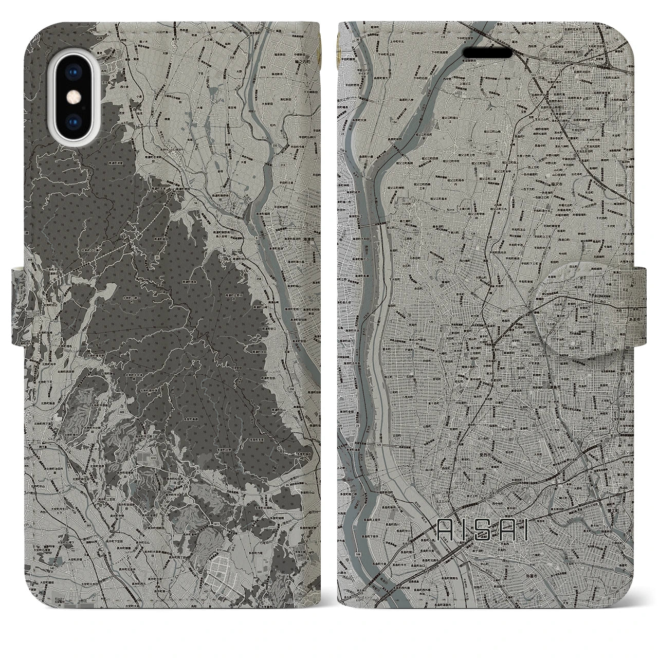 【愛西(愛知県)】地図柄iPhoneケース(手帳タイプ)モノトーン・iPhone XS Max 用