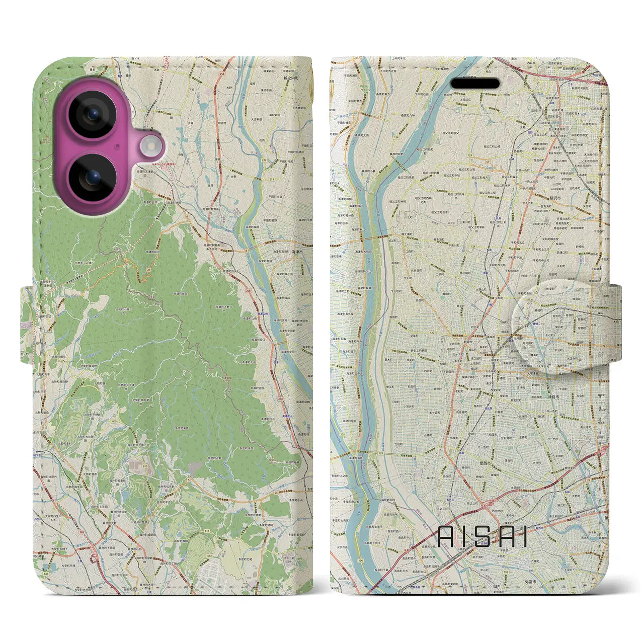 【愛西(愛知県)】地図柄iPhoneケース(手帳タイプ)ナチュラル・iPhone 16 Pro 用