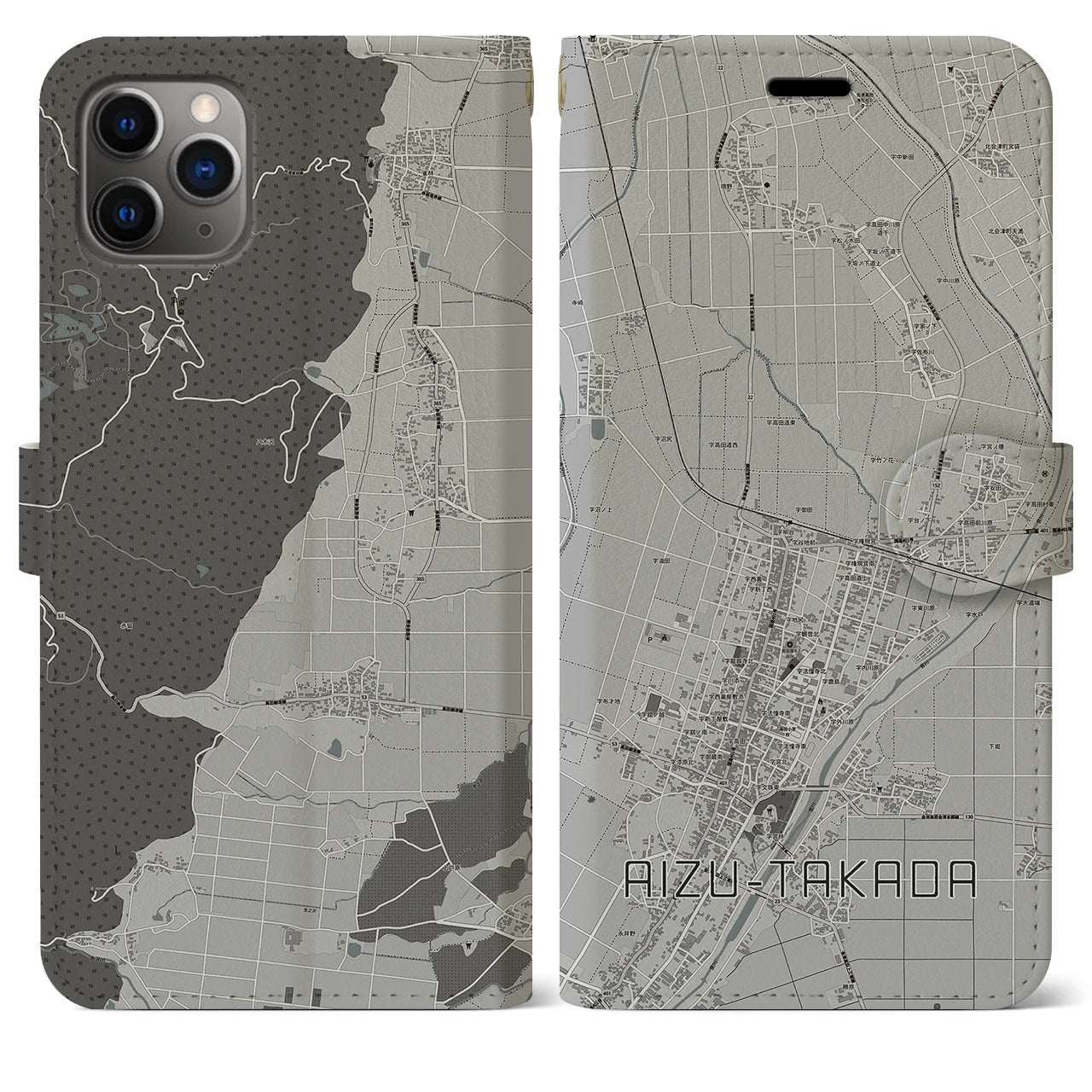 【会津高田(福島県)】地図柄iPhoneケース(手帳タイプ)モノトーン・iPhone 11 Pro Max 用