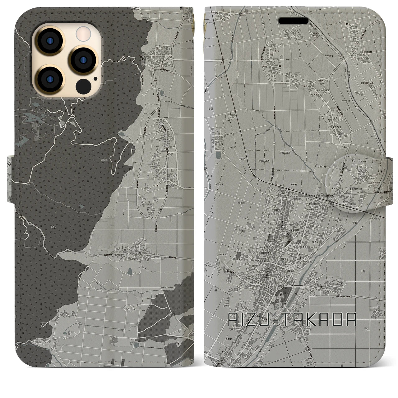 【会津高田(福島県)】地図柄iPhoneケース(手帳タイプ)モノトーン・iPhone 12 Pro Max 用